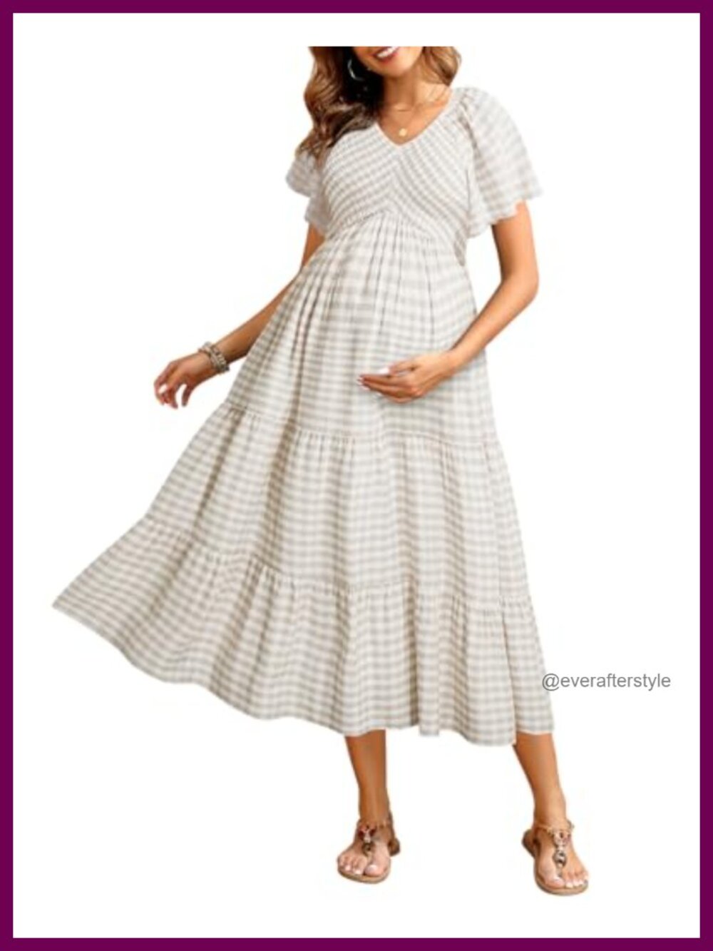 Maternity A-Line Midi Dress V-Neck Short Sleeve Smocked Flutter Sleeves